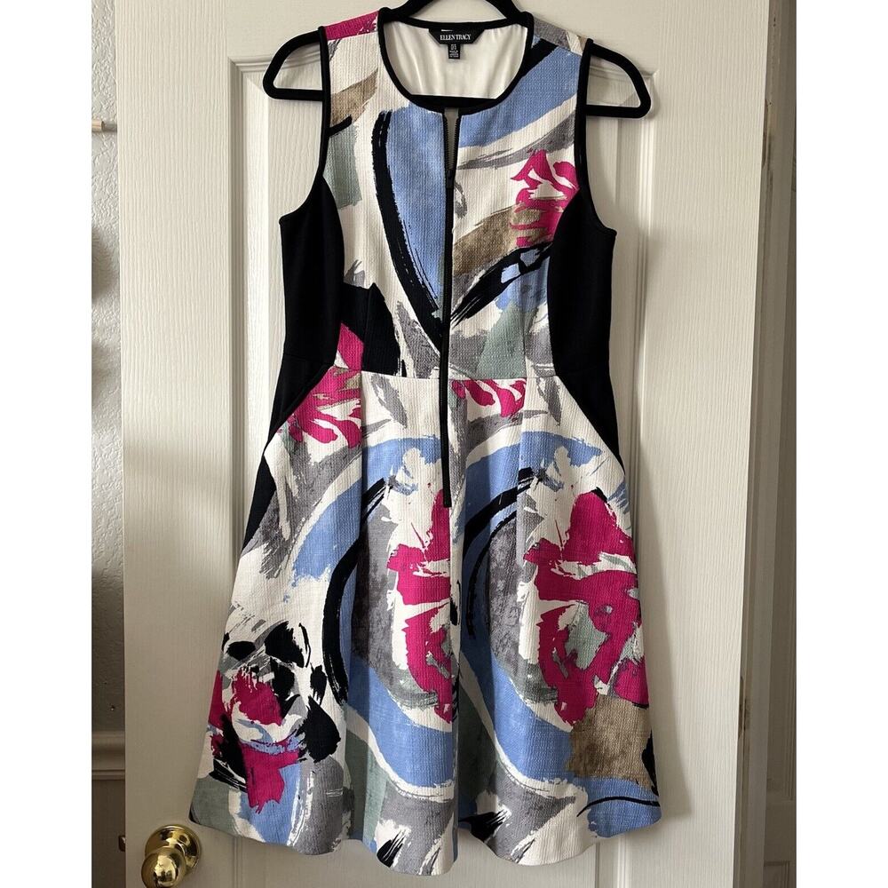 Ellen Tracy Fit & Flare Zip Front Dress Abstract Colorful Pockets